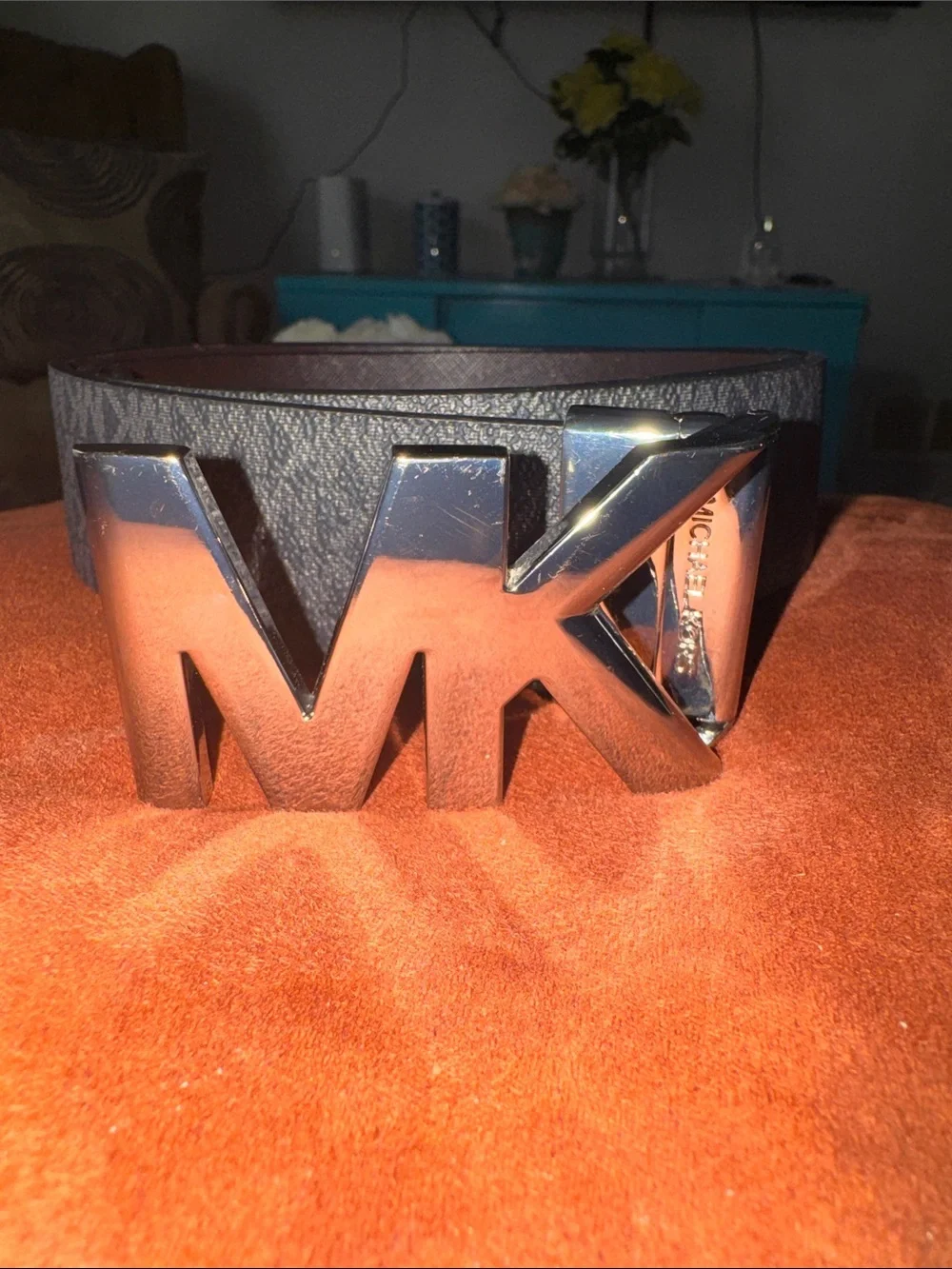 Michael Kors black Leather Belt with Silver MK Logo Buckle